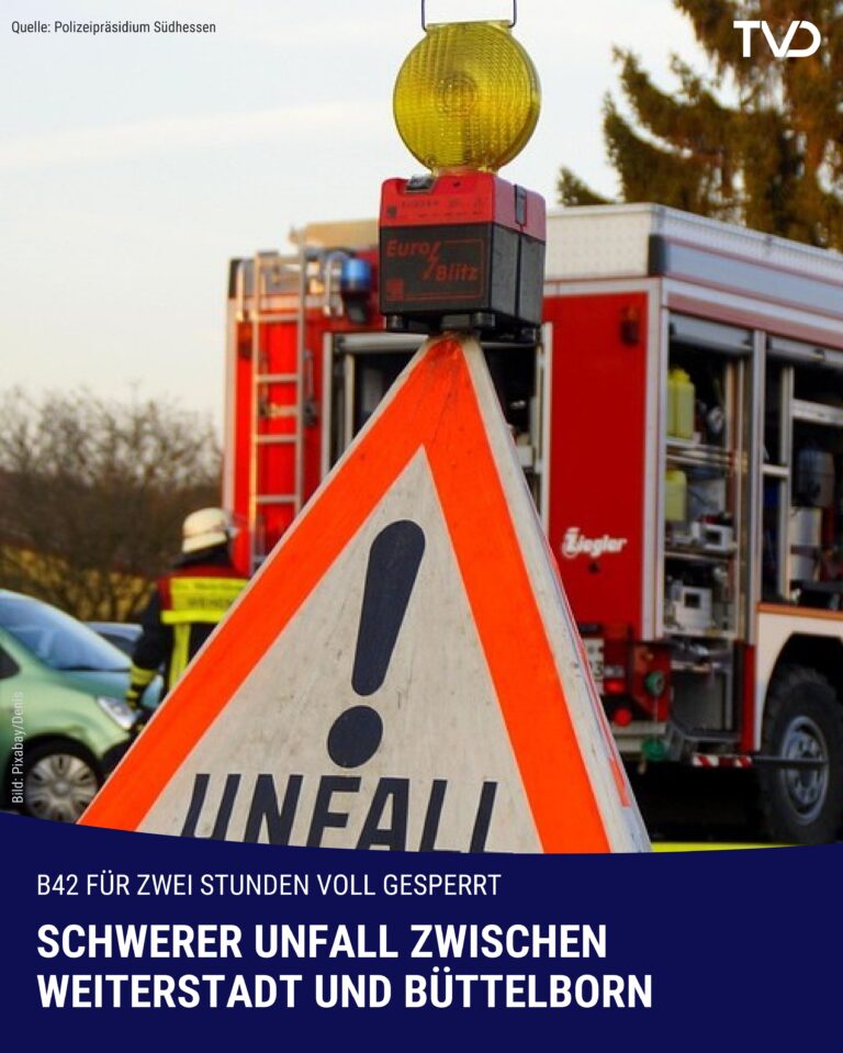 Schwerer Unfall auf B42 bei Weiterstadt